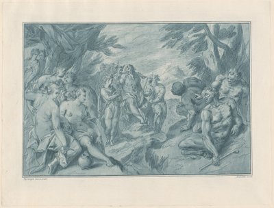 De muzikale wedstrijd tussen Apollo en Pan door after Bartholomaeus Spranger Andrea Scacciati