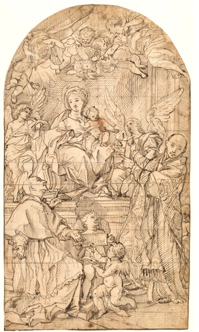 De Madonna en Kind op de troon, geflankeerd door engelen en de heiligen Charles Borromeo en Ignatius van Loyola door after Carlo Maratti