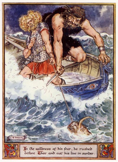 In de wildheid van zijn angst rende hij voor Thor uit en sneed zijn lijn door door after Charles Edmund Brock