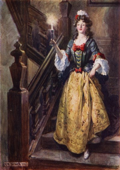 Mevrouw Beatrix huppelt de trap af in Walcote House om Esmond te begroeten door after Charles Edmund Brock