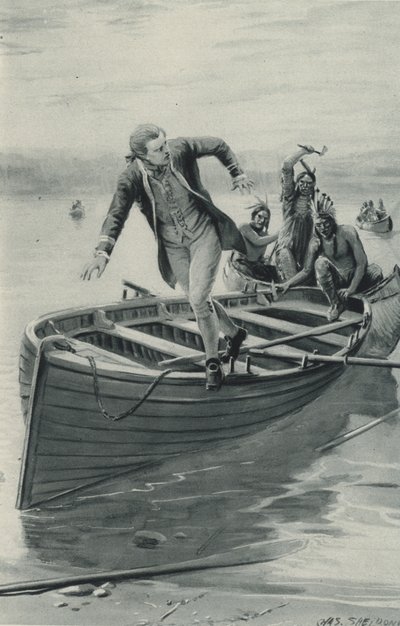 Kapitein James Cook springt uit zijn boot terwijl de Indianen erin springen door after Charles Mills Sheldon