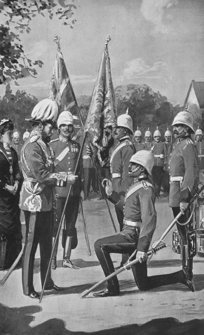 Koning Edward presenteert kleuren aan de Royal Welsh Fusiliers, 16 augustus 1880 door after Charles Mills Sheldon