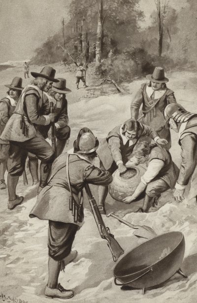 De Pilgrim Fathers slaan het zand en vinden maïs door after Charles Mills Sheldon