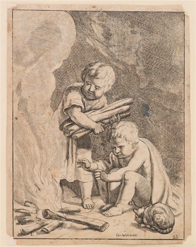 Twee kinderen maken vuur door after Cornelis Holsteyn