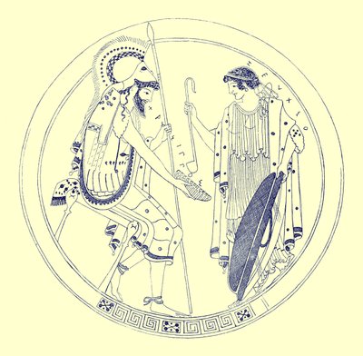 Een zittende krijger houdt zijn wijnbeker vast, illustratie uit Griekse Vaas Schilderijen door J. E. Harrison en D. S. MacColl, gepubliceerd 1894 door after English School