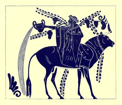 Dionysus rijdt op een stier, illustratie uit Griekse Vaas Schilderijen door J. E. Harrison en D. S. MacColl, gepubliceerd 1894 door after English School
