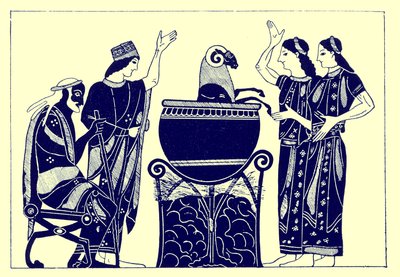 Medea kookt de ram, illustratie uit Griekse Vaas Schilderijen door J. E. Harrison en D. S. MacColl, gepubliceerd 1894 door after English School