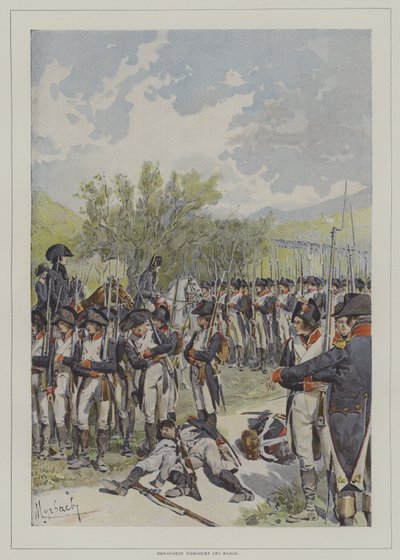 Bonaparte loopt langs de rangen van zijn leger door after Felicien baron de Myrbach Rheinfeld