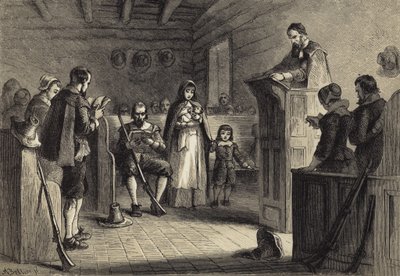 Openbare eredienst in Plymouth door de Pelgrims door after Felix Octavius Carr Darley
