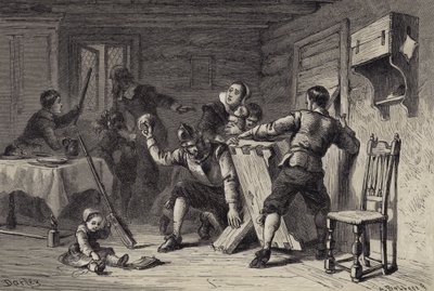 Puriteinen die hun huis barricaderen tegen Indianen door after Felix Octavius Carr Darley