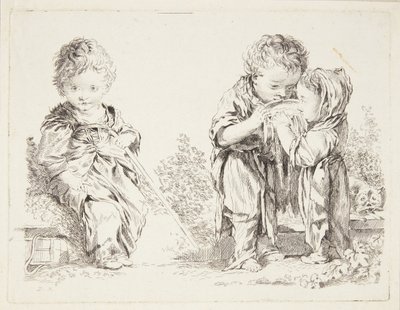 Kind zittend op een kluit aarde en De kleine melkdrinkers door after Francois Boucher
