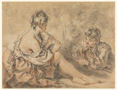 Herderin Speelt voor een Herder door after Francois Boucher