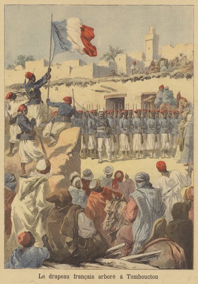 Het hijsen van de Franse vlag in Timboektoe door after Frederic Theodore Lix