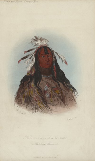 H?co-a-h?co-a-h?cotes-min, Een Platte Hoofd Strijder (aquatint) door after George Catlin
