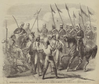 Opstandige Sepoys, met buit, verrast door een partij van HM 9th Lancers, nabij Delhi door after George Francklin Atkinson