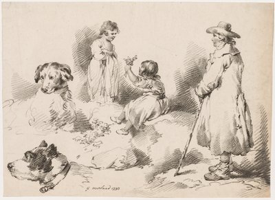Studies van Kinderen (Twee Kleine Meisjes); Twee Honden; Een Man door after George Morland