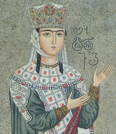 (detail) van een fresco met koningin Thamar (1184-1213) en haar vader koning Grigori III (1156-1184) door after Georgian School