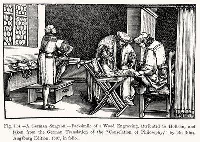 Een Duitse chirurg, uit Troost van Filosofie door Boethius, illustratie uit Wetenschap en Literatuur in de Middeleeuwen en Renaissance, geschreven en gegraveerd door Paul Lacroix, 1878 door after German School