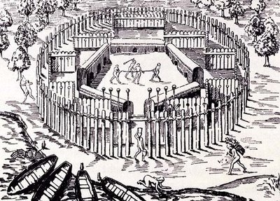 Een Guarani-dorp, uit Gottfrieds Historia Antipodum, gepubliceerd in 1655, uit The Romance of the River Plate, Vol. I, door W. H. Koebel, 1914 door after German School