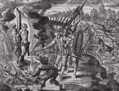De wraak van de Spanjaarden voor de dood van Ayolas, uit Gottfrieds Historia Antipodum, gepubliceerd in 1655, uit The Romance of the River Plate, Vol. I, door W. H. Koebel, 1914 door after German School