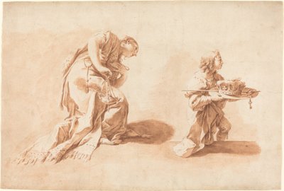 Een knielende vrouw met een wierookbrander en een page met een kroon en scepter door after Giovanni Battista Pittoni the younger Anton Kern