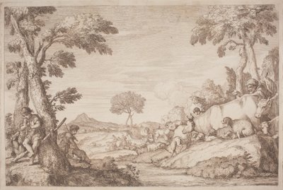 Een pastorale reis met een jongen die bij een boom op zijn fluit speelt door after Giovanni Benedetto Castiglione Gaetano Zompini