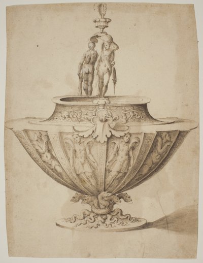 Een prachtige kom met figuren en mariene scènes op een voet omringd door slangen door after Giulio Romano