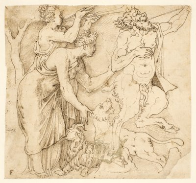 Een sater, twee vrouwen, een leeuw en een geit door after Giulio Romano