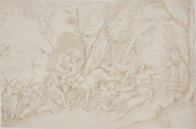 Jupiter gezoogd door de geit Amalthea door after Giulio Romano