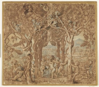 Putti die wijn oogsten en spelen met een bokje door after Giulio Romano