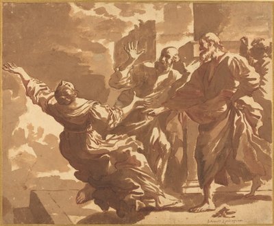 De dood van Saffira door after Guercino Follower of Jan de Bisschop