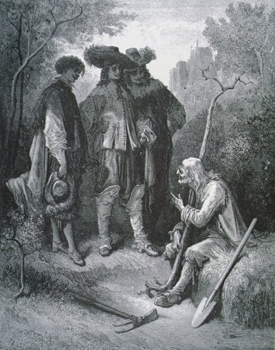 Illustratie voor De Oude Man en de Drie Jonge Mannen, uit Fabels van Jean de La Fontaine door Gustave after Dore