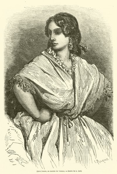 Jonge vrouw op de markt van Valencia door Gustave after Dore