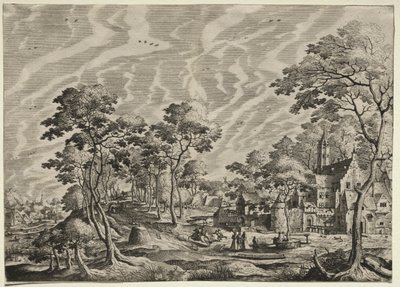 Landschap met een kasteel aan de rechterkant door after Hans Bol
