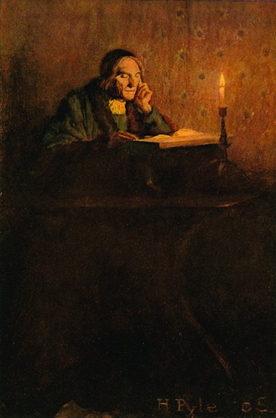 Een nette en verschrompelde heer zat aan een bureau door after Howard Pyle