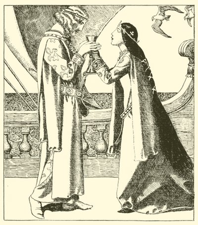 Belle Isoult en Sir Tristram drinken de liefdesdrank door after Howard Pyle