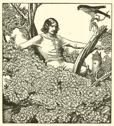 Sir Launcelot klimt om de valk van de dame te vangen door after Howard Pyle