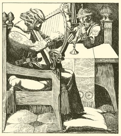 Sir Tristram speelt harp voor Koning Mark door after Howard Pyle