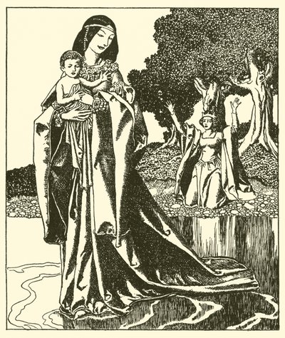 De Dame Nymue draagt Launcelot naar het Meer door after Howard Pyle