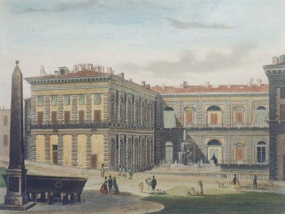 Interne Binnenplaats van Palazzo Pitti, Florence, gegraveerd door Johann Falkeisen en ingekleurd door L. Cherbuin door after Italian School