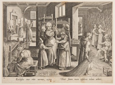 Moerbeibladeren voeren aan de zijderupsen door after Jan van der Straet, called Stradanus