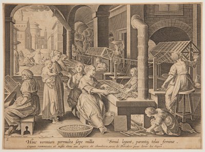 Het afwikkelen van de zijdecocons door after Jan van der Straet, called Stradanus
