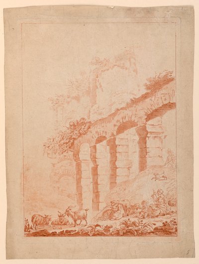 Geitenhoeders in landschap met ruïnes door after Jean Baptiste Huet