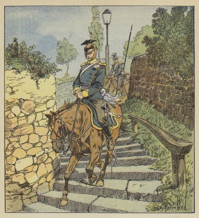 In Châteaudun, Twee uhlanen achtervolgd dalen te paard de stenen trap van 200 treden af door after Louis Charles Bombled