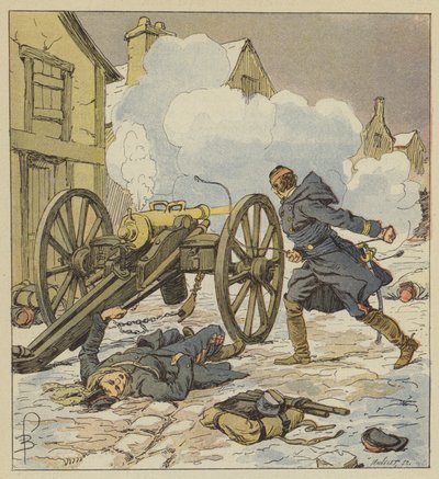 In Parigné ondersteunt een artilleriekapitein de terugtocht door zelf zijn laatste stuk te laden en af te vuren door after Louis Charles Bombled