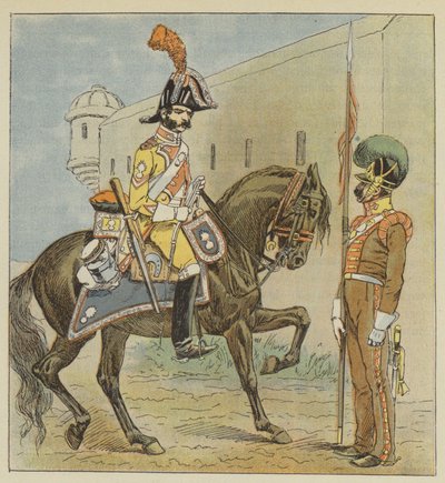 Spaans leger, Dragonder, 1e regiment, Lansier, 1e regiment, van La Mancha door after Louis Charles Bombled