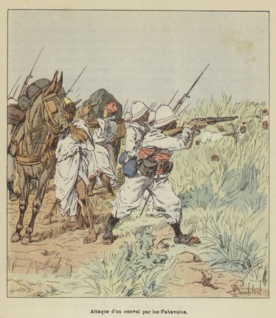 Aanval op een konvooi door de Fahavolos door after Louis Charles Bombled
