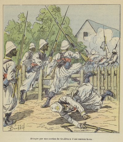 Aanval door een sectie scherpschutters op een Hova-huis door after Louis Charles Bombled