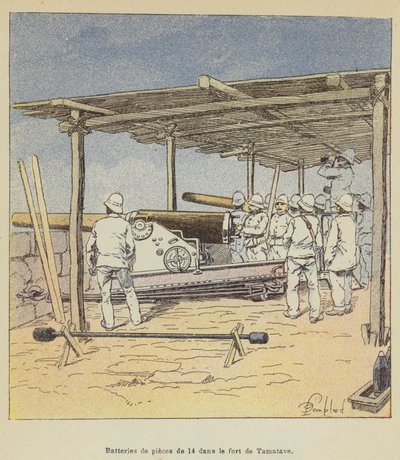 Batterijen van 14 stukken in het fort van Tamatave door after Louis Charles Bombled