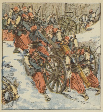 Gevecht bij Chilleurs-aux-Bois, De zouaven halen twee 12-ponders uit een greppel onder Pruisisch vuur door after Louis Charles Bombled